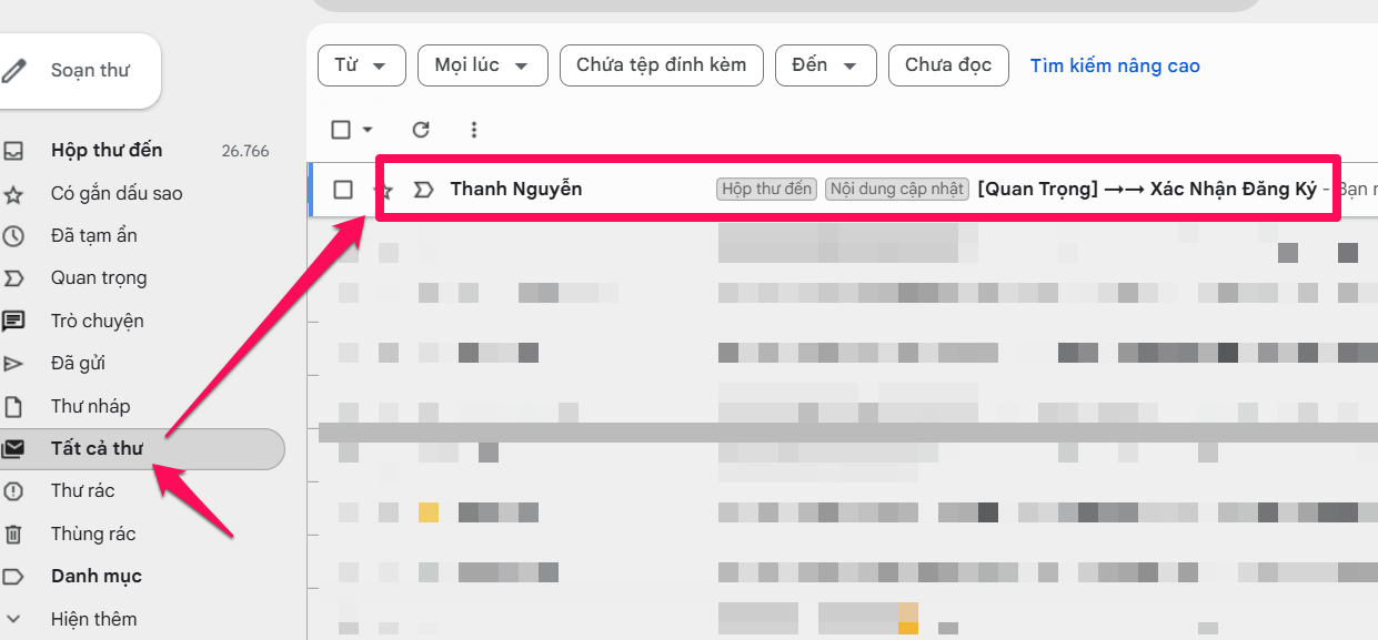 Ảnh minh họa: vào mục Tất cả thư trong Gmail để tìm email Xác Nhận Đăng Ký